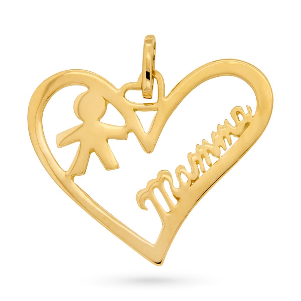 Ciondolo cuore traforato con bimbo e scritta mamma in oro giallo 18kt - LUSSO ITALIANO