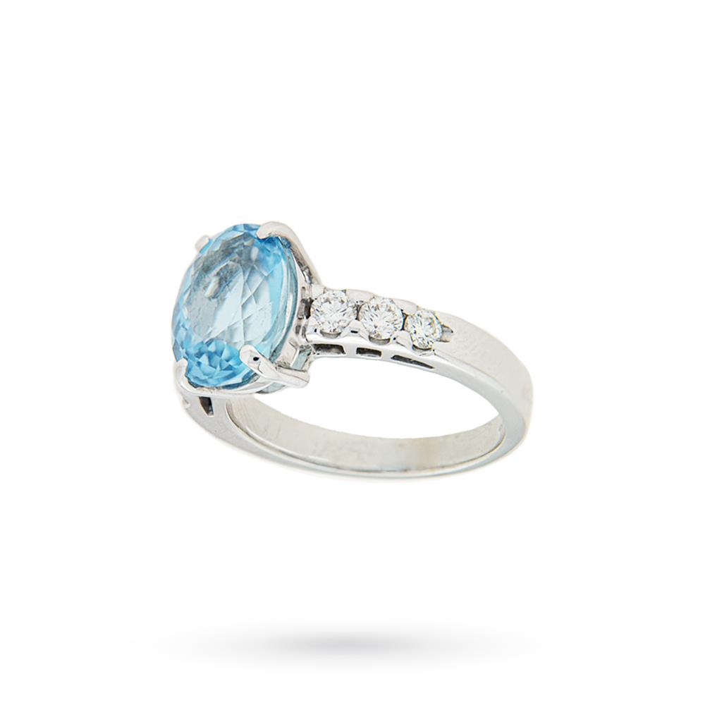 Anello oro bianco acquamarina ovale gambo diamanti - LUSSO ITALIANO