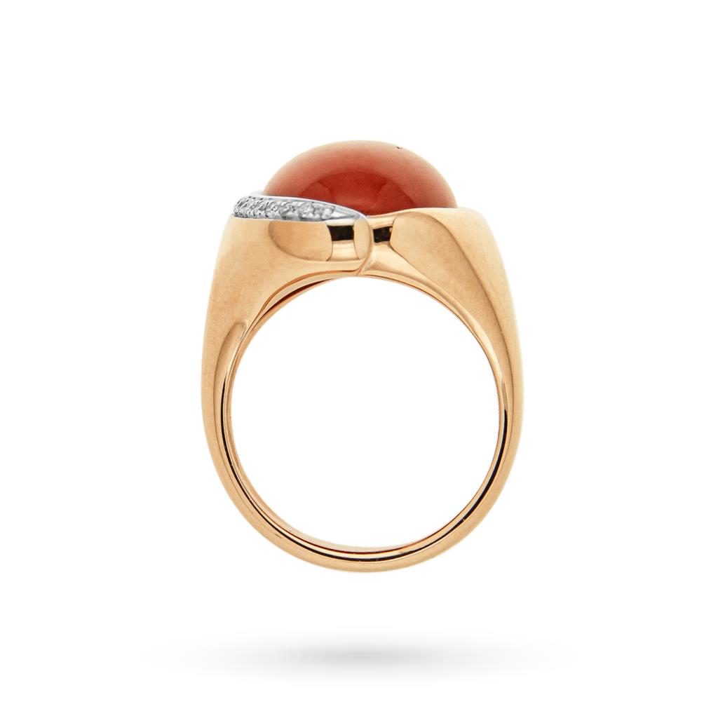  Anello oro rosa corallo ovale contorno diamanti 0,10ct - CICALA