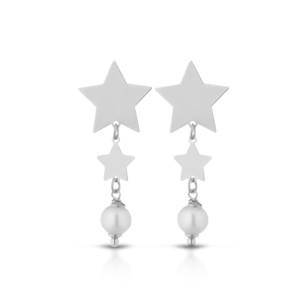 925 sterling silver pendant earrings with two satin stars and 1 pearl - GLAMOUR