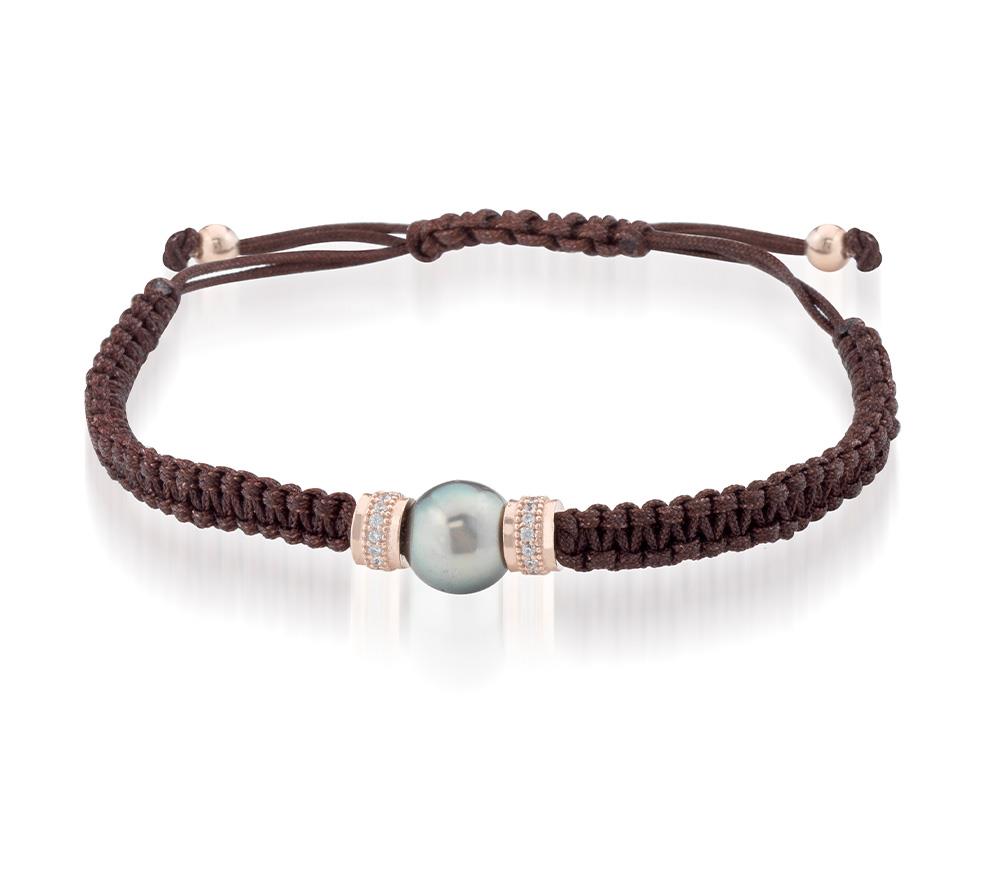 Bracciale cordino marrone cinnamon argento rosa zirconi perla Tahiti - GLAMOUR