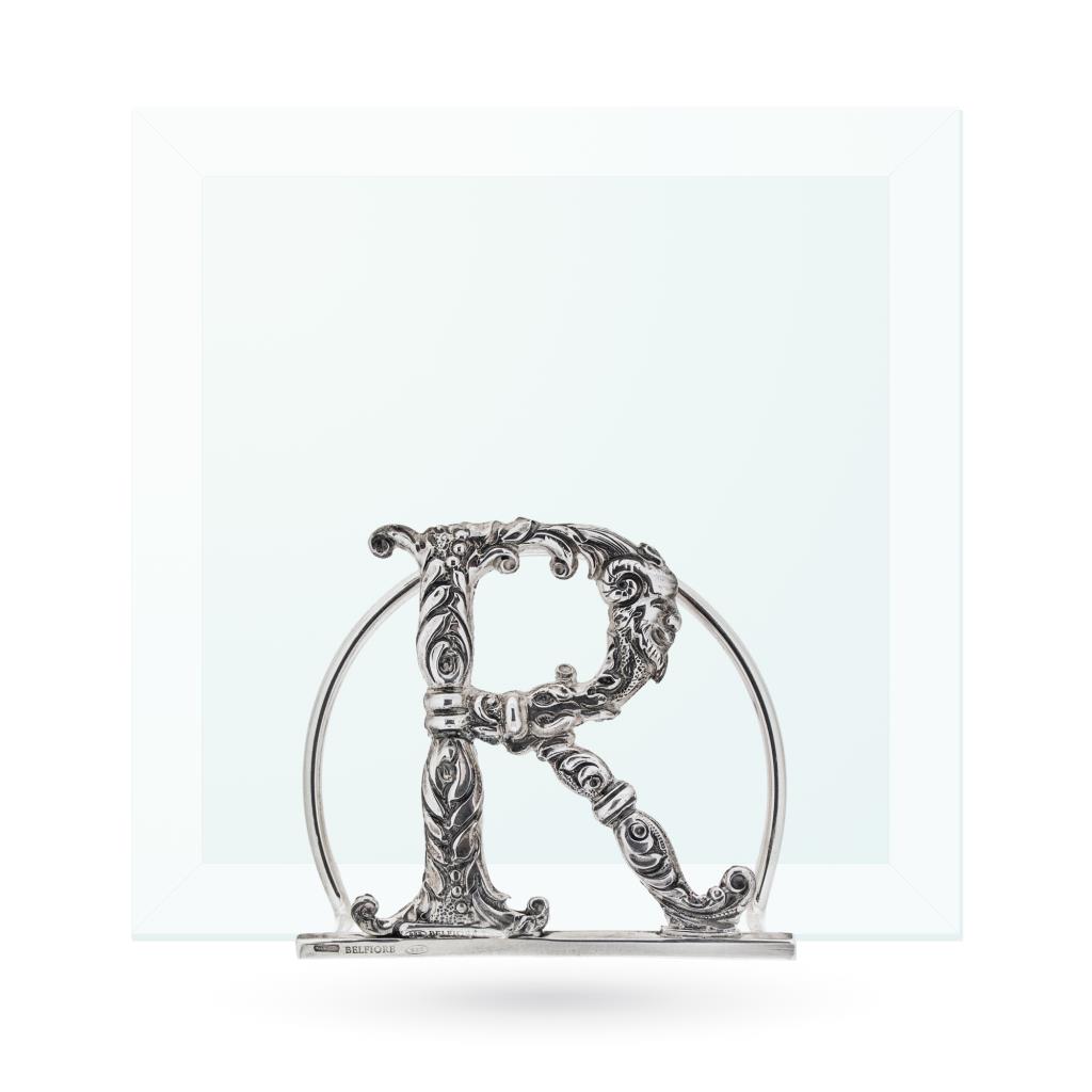 Portafoto lettera R con base in argento e vetro 13x13cm - BELFIORE