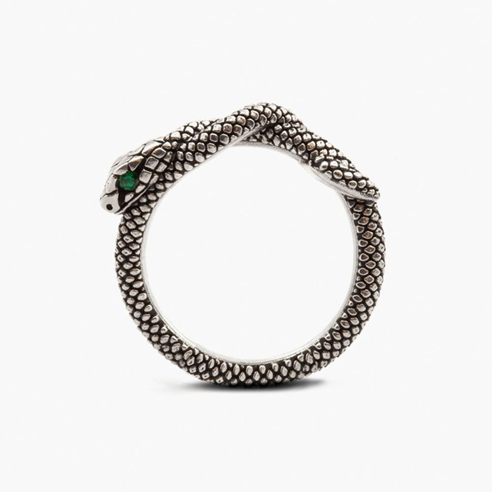  Fedina serpente occhi zircone verde argento brunito lucido Nove25 - NOVE25