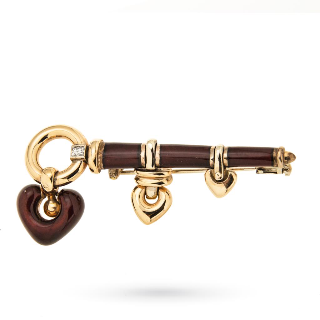 Brooch with bar in yellow gold, hearts and enamels - LA NOUVELLE BAGUE