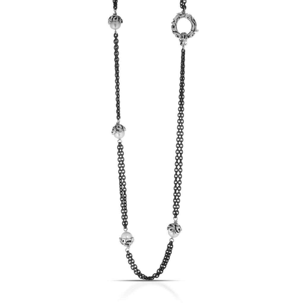 Collana lunga 50cm brunita con ricami e perle naturali in argento 925 - MARESCA OFFICINE ORAFE