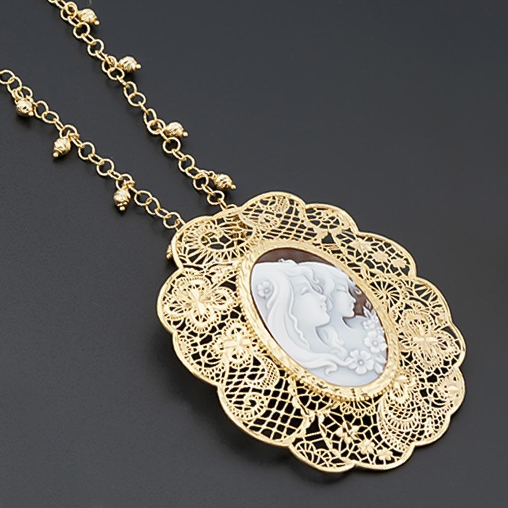  Golden silver necklace large face cameo pendant 40mm - CAMEO ITALIANO