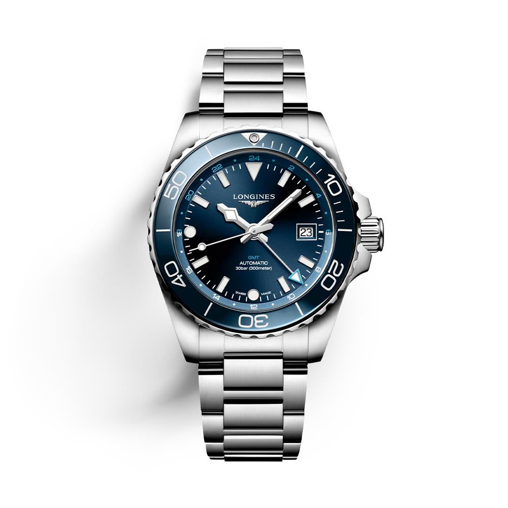 Orologio Longines Hydroconquest GMT di colore blu con cassa e bracciale acciaio