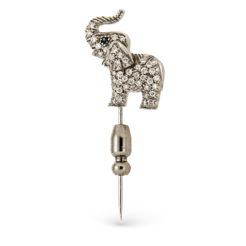 Brooch in white gold with elephant with diamond and sapphire - UNBRANDED
