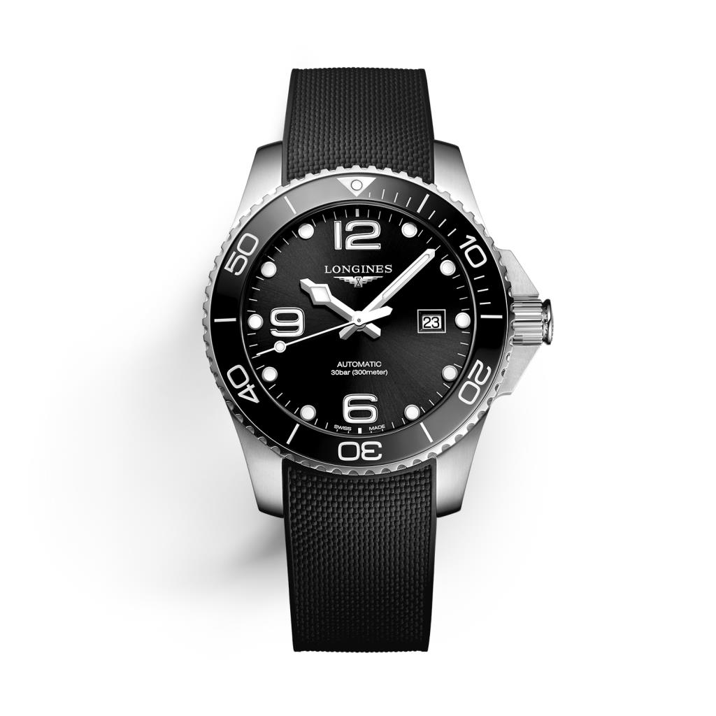 Orologio Longines Hydroconquest con quadrante, ghiera e cinturino nero in gomma