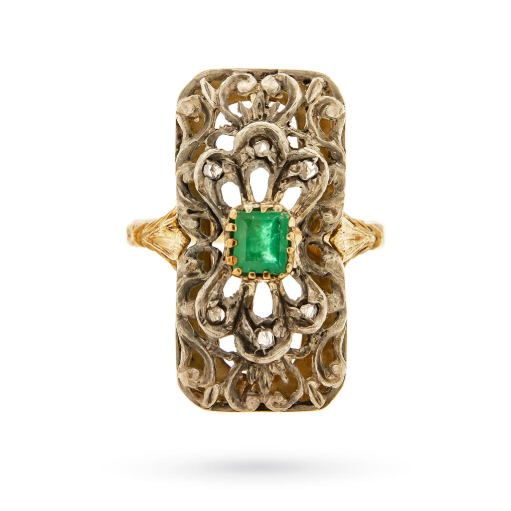 Anello vintage rettangolare oro argento e smeraldo - 