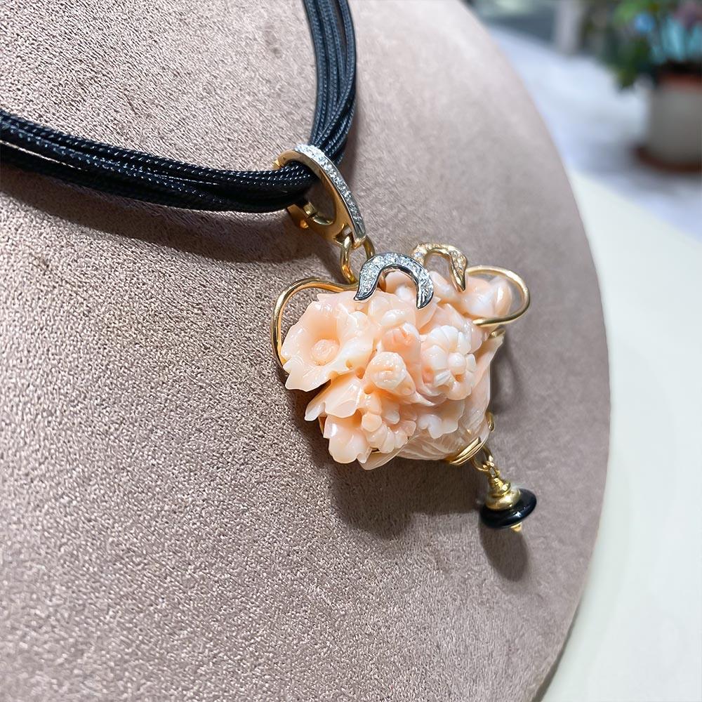  Coral pendant necklace flowers basket gold onyx diamonds 44cm - SILVIA KELLY