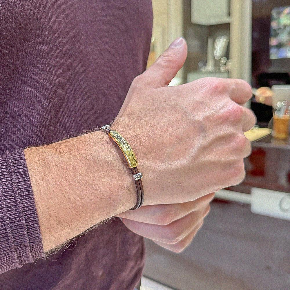 Bracciale con piastra d&#039;oro fuso grezza e doppio cordino - LUSSO ITALIANO