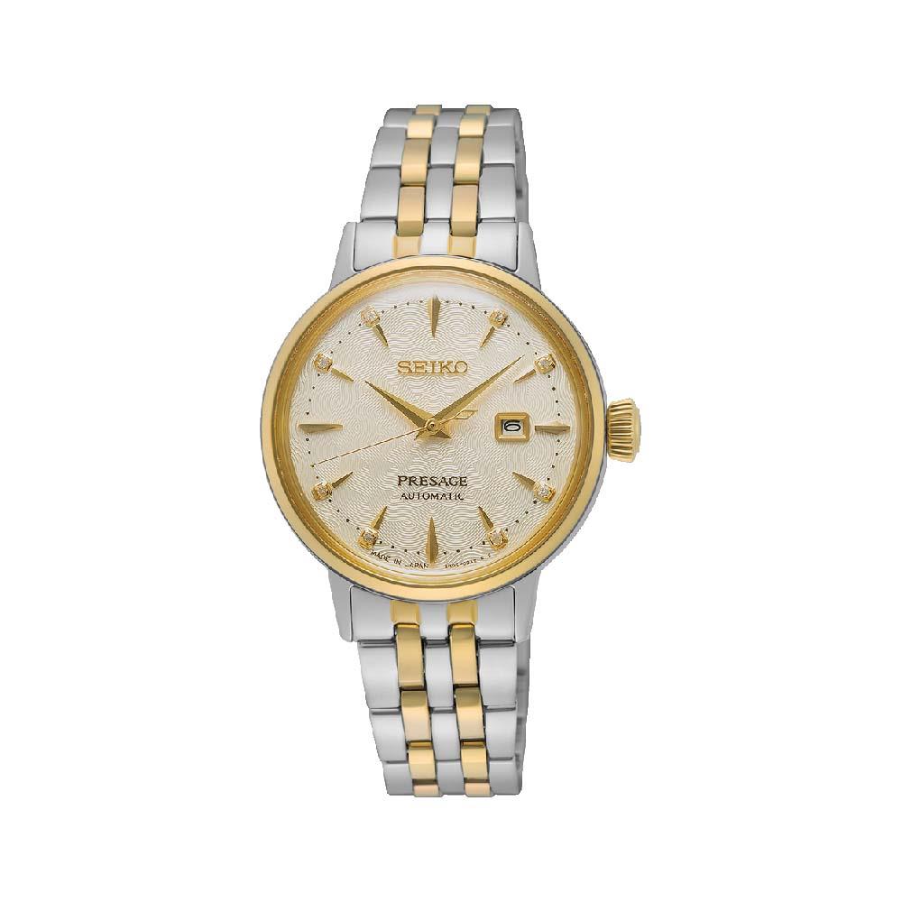 Orologio Seiko collezione Presage con cassa e bracciale in acciaio e oro pvd, con quadrante crema e indici con diamanti.