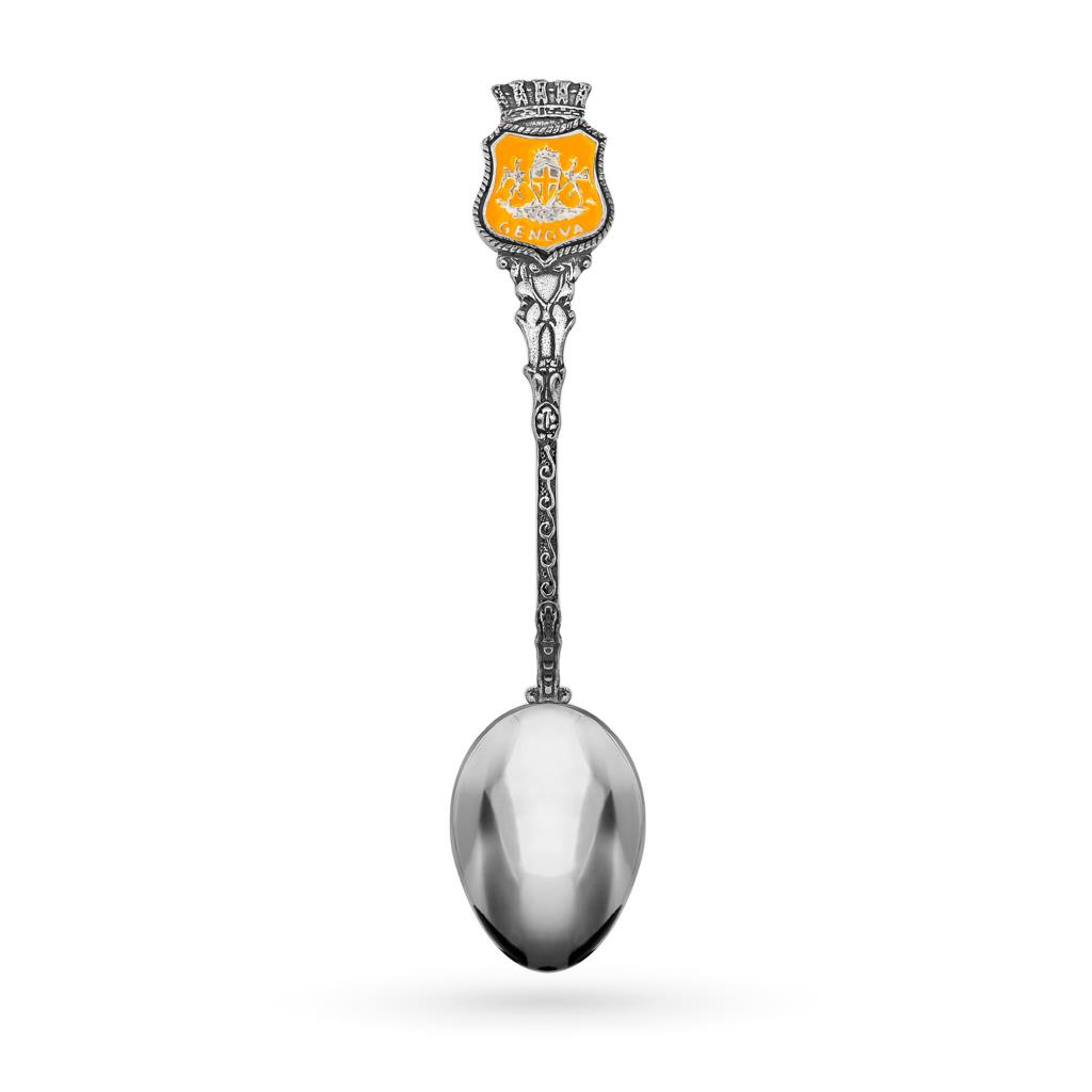 925 silver teaspoon with Genoa city emblem with yellow enamel - CICALA