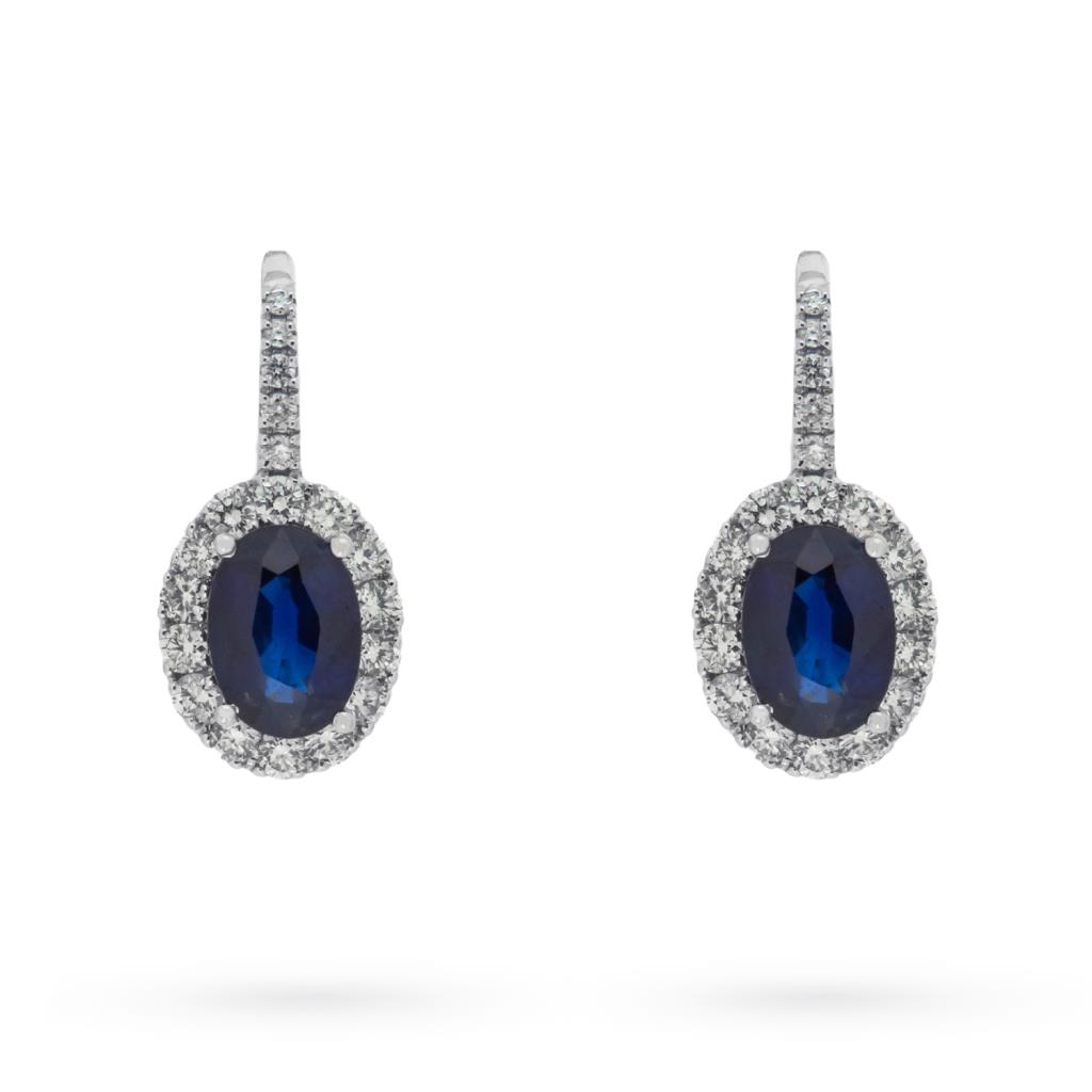 Orecchini pendenti zaffiri blu ovali 1,75ct diamanti in oro bianco  - MIRCO VISCONTI