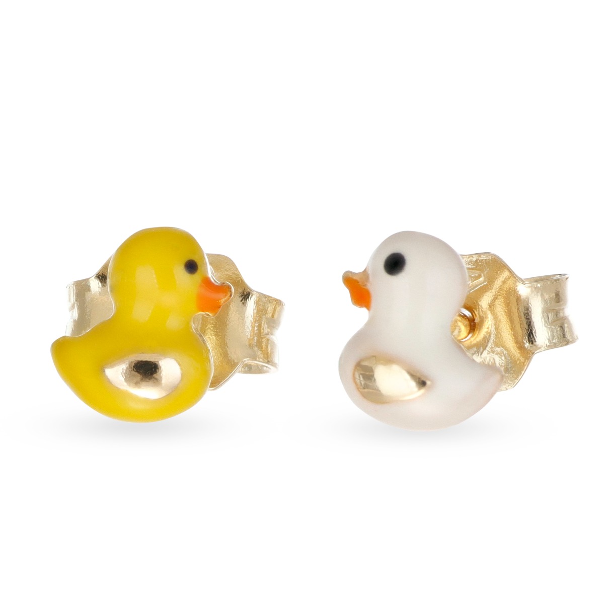 Orecchini papera in oro giallo 18kt smaltati, uno bianco e uno giallo, 8x8 mm per bambina, Cicala