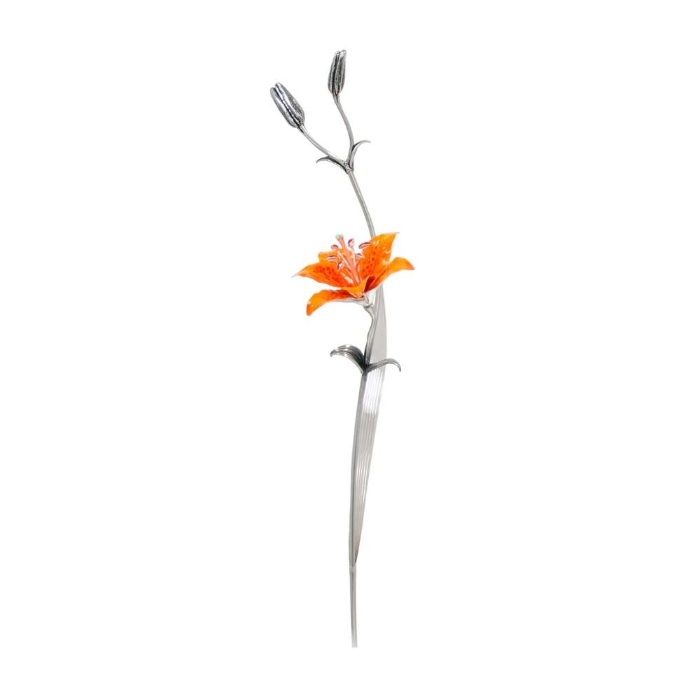 Lilium 1 Fiore Dipinto A Mano Arancio Soprammobile Argento