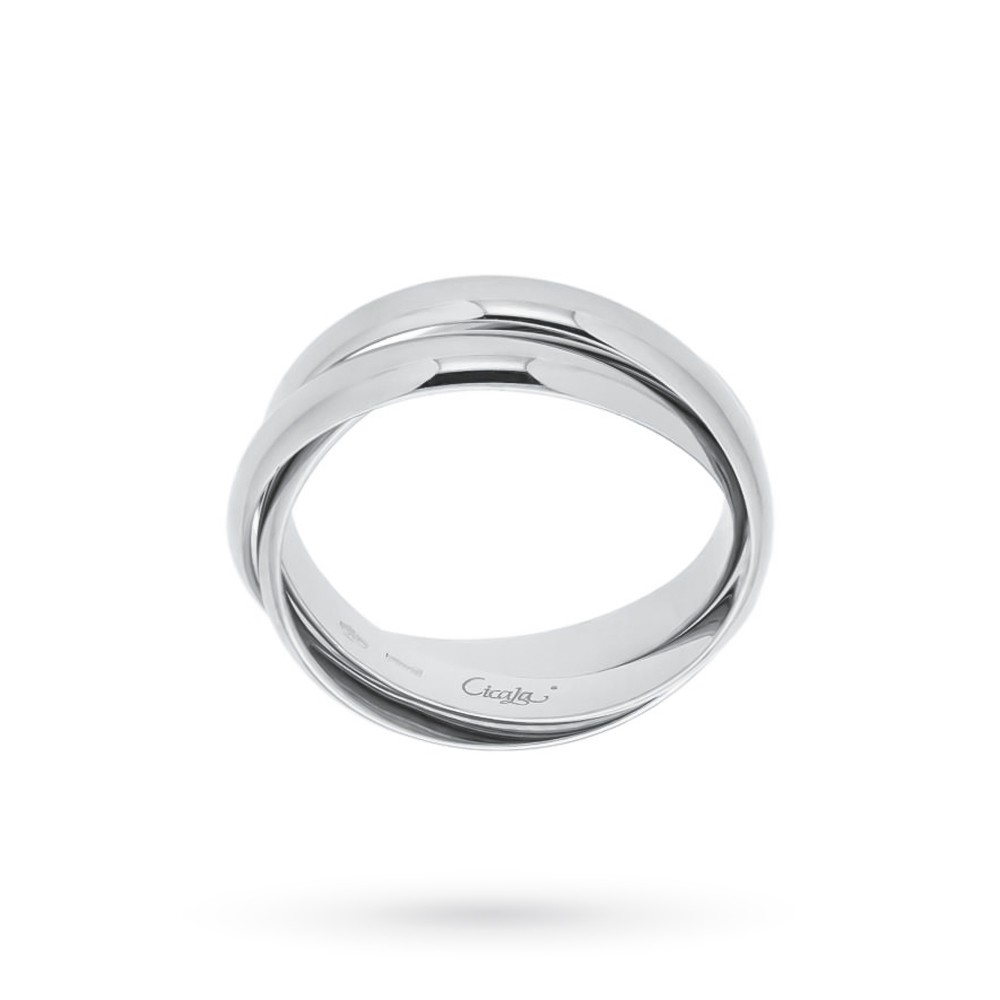 Tre fedi nuziali intrecciate in oro bianco