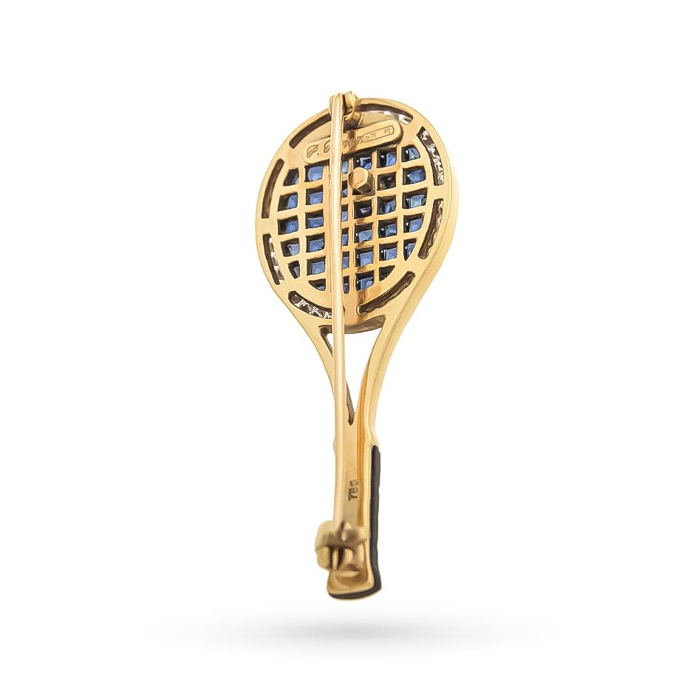  Gold tennis racket brooch with diamond and sapphire ball - CICALA
