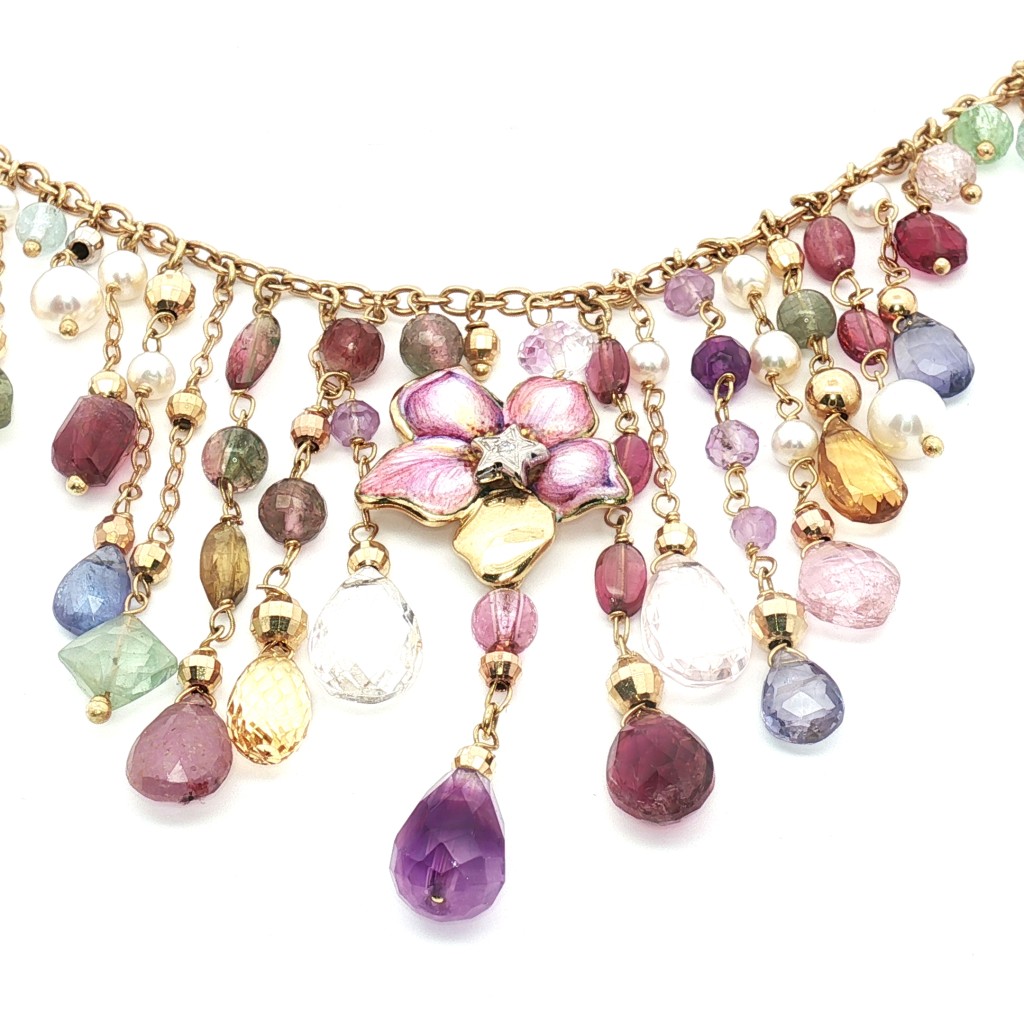 Gabriella Rivalta "Enchanted Garden" Necklace &ndash; 18kt Gold, Grand Feu Enamel, and Multi-Gemstone Fringe - GABRIELLA RIVALTA