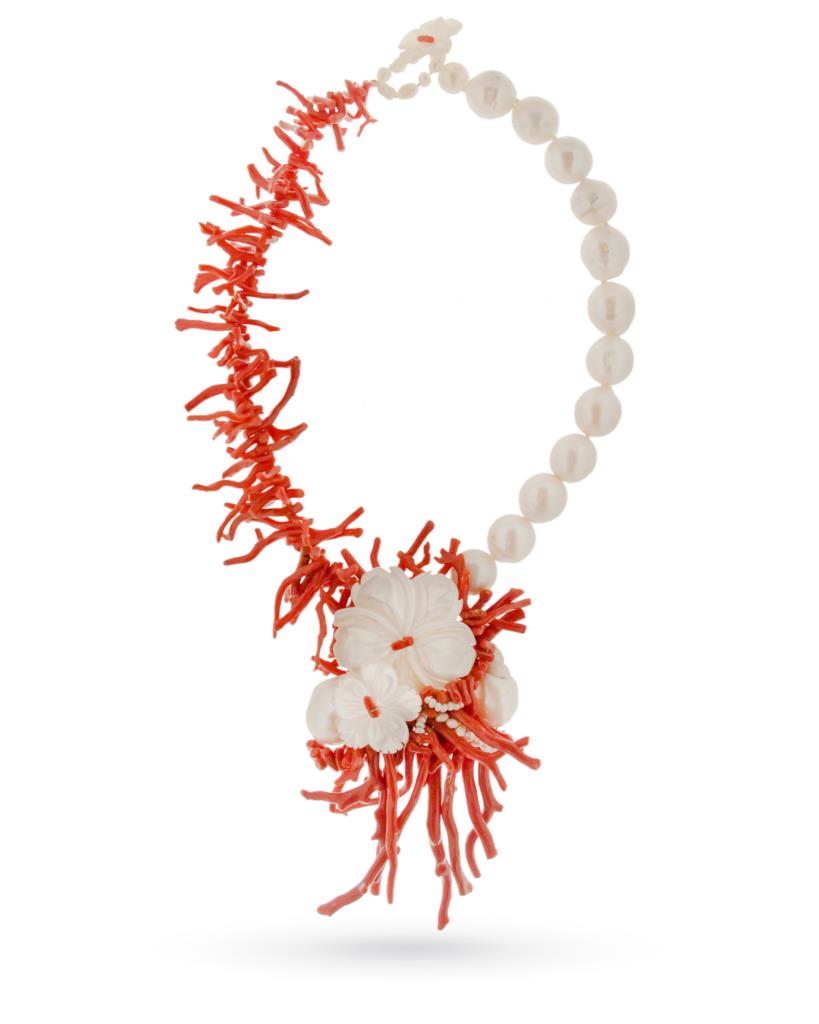Necklace with red coral, white pearls and mother of pearl flower - UNBRANDED