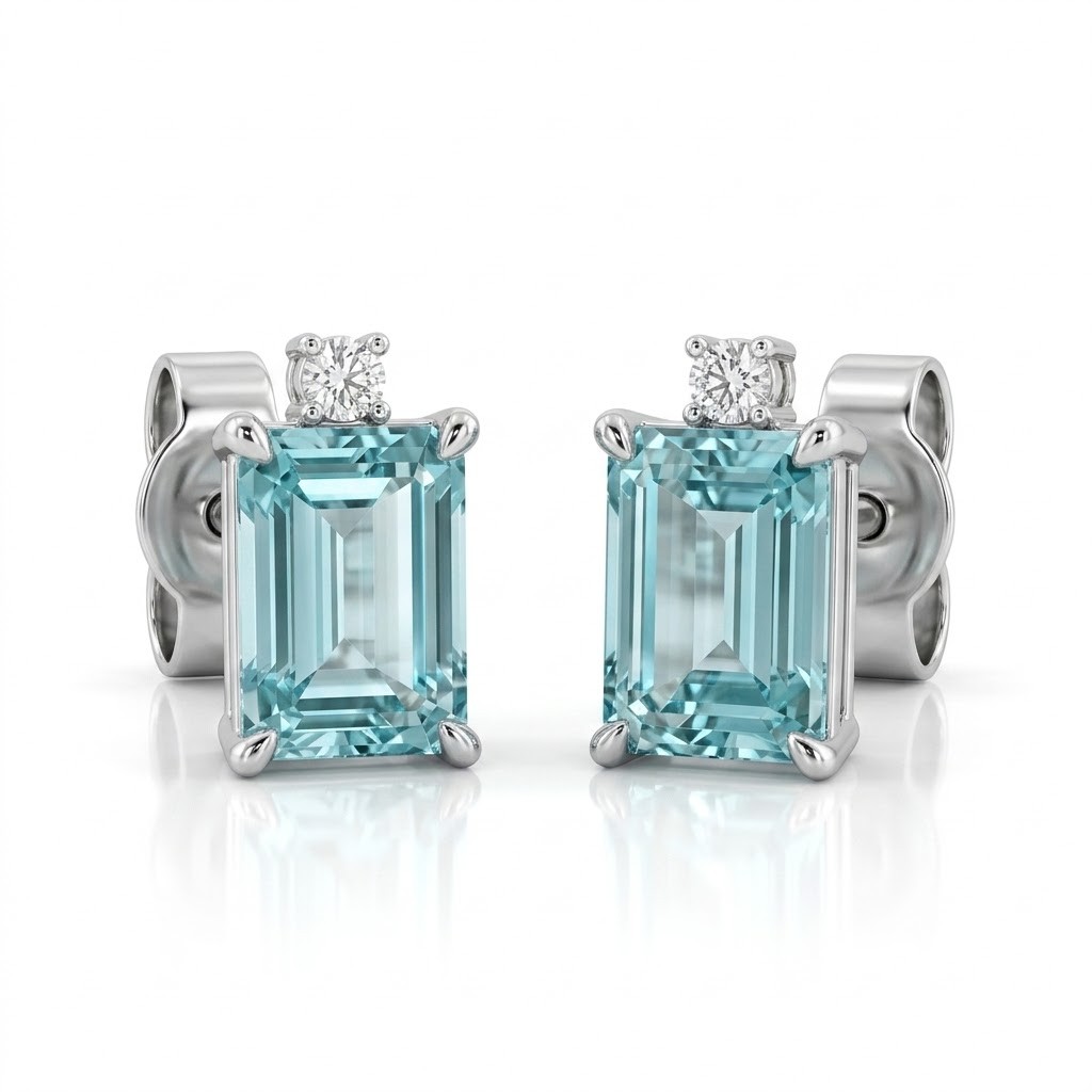 Orecchini a Lobo in Oro Bianco con Acquamarine Ottagonali (1,72 ct) e Diamanti in Testa (0,03 ct) - CICALA