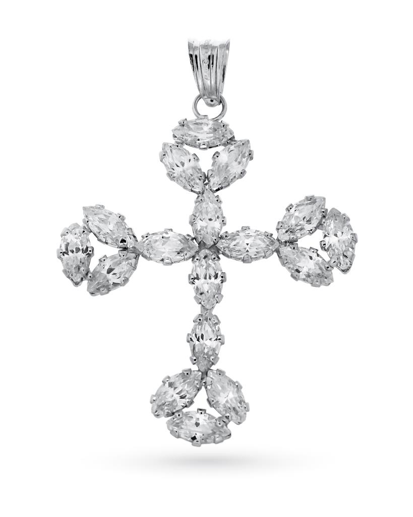 18kt white gold cross with white gemstones - UNBRANDED