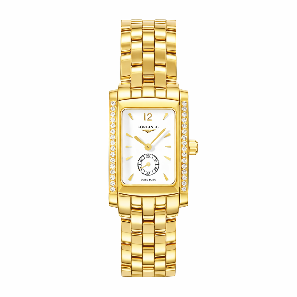 Orologio rettangolare in oro giallo di Longines con diamanti