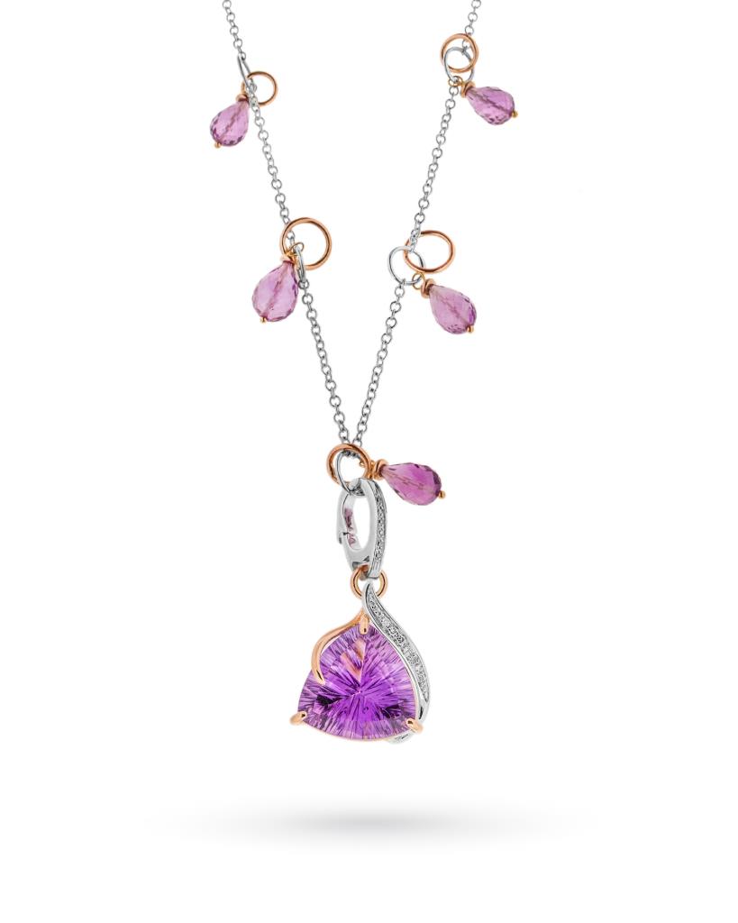 Girocollo in oro bianco e rosa con ciondoli di ametista e brillanti - SILVIA KELLY