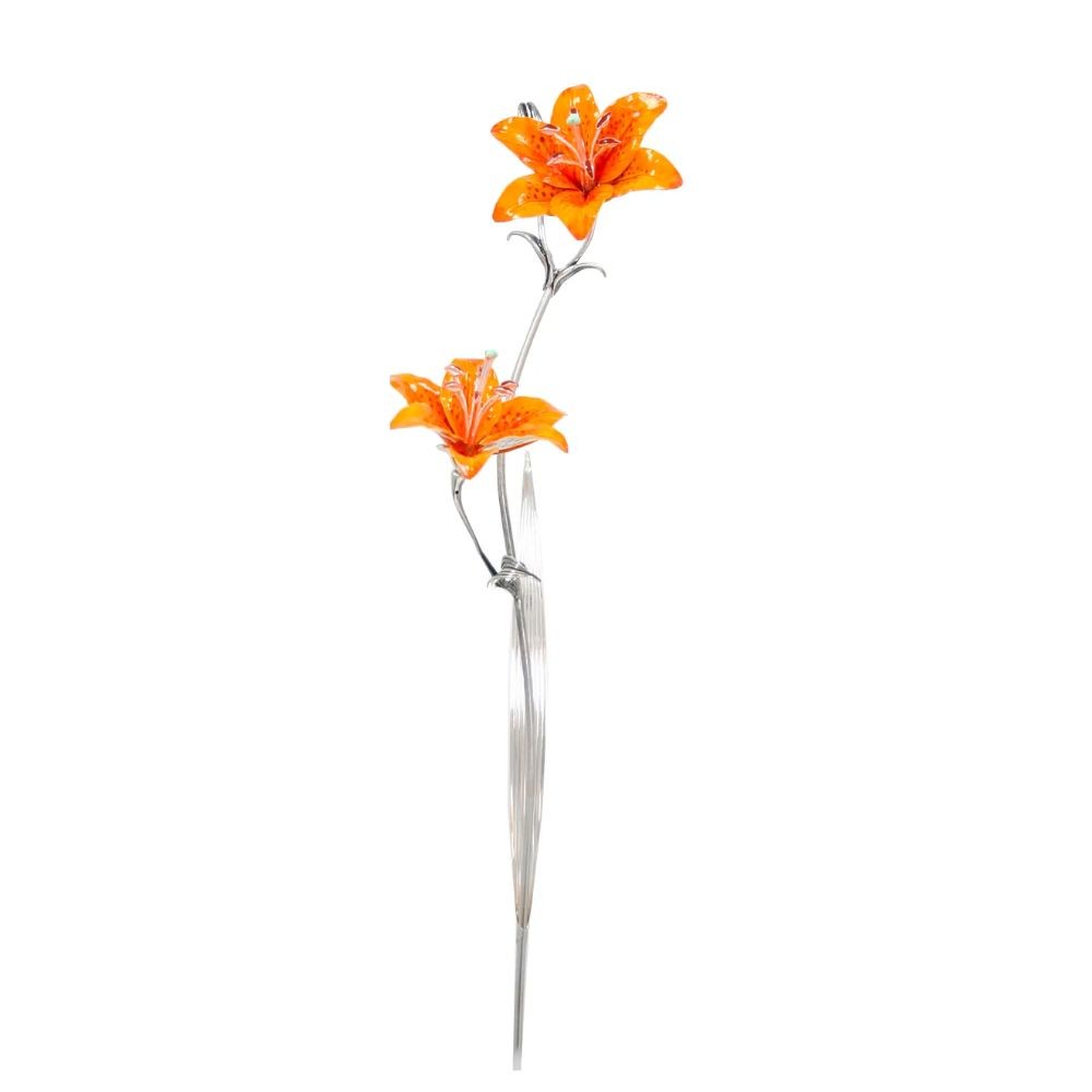Lilium 2 Fiori Dipinto A Mano Arancio Soprammobile Argento