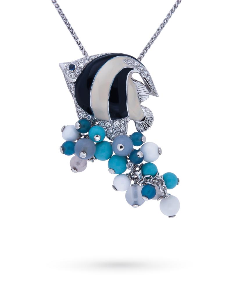 Girocollo con pesce in oro bianco smaltato con quarzi e diamanti - ORO TREND