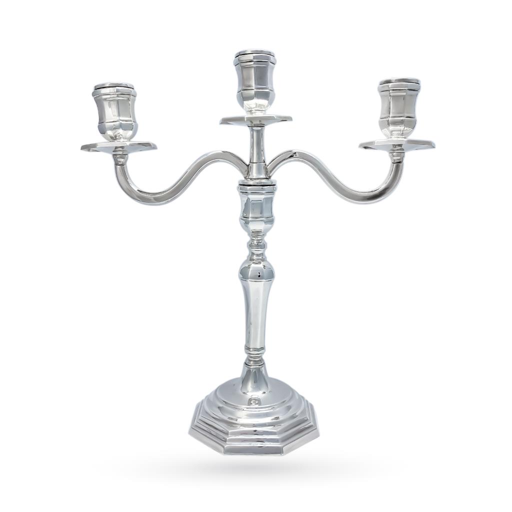 Octagonal candlestick with 3 flames in 800 silver, height 32 cm - STANCAMPIANO
