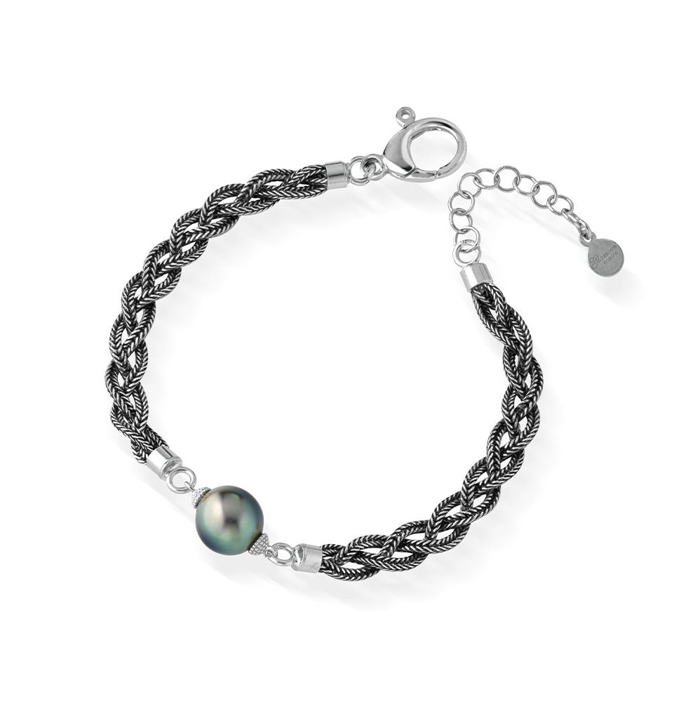 Braided bracelet in burnished white silver with Tahitian pearl 17cm - GLAMOUR