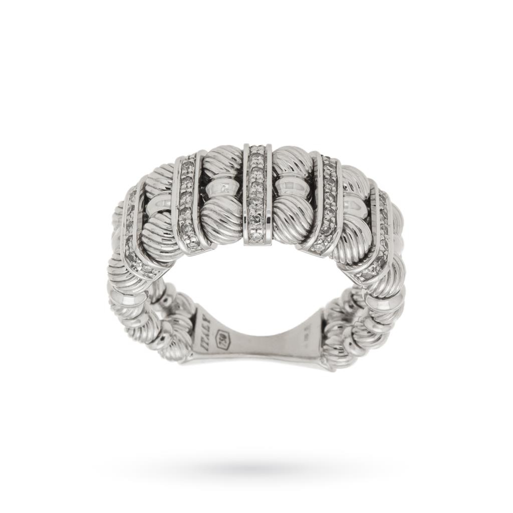 18kt white gold ring with stoned spheres and brilliants pave bands - ZANCAN