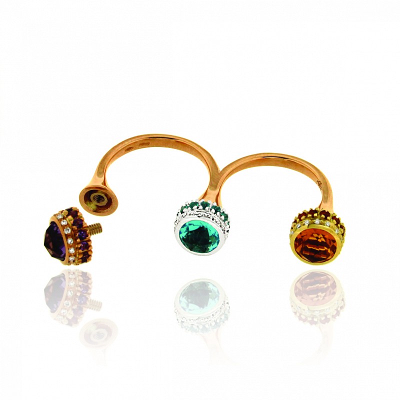  Anello doppio in oro con tre gemme e diamanti - ORO TREND