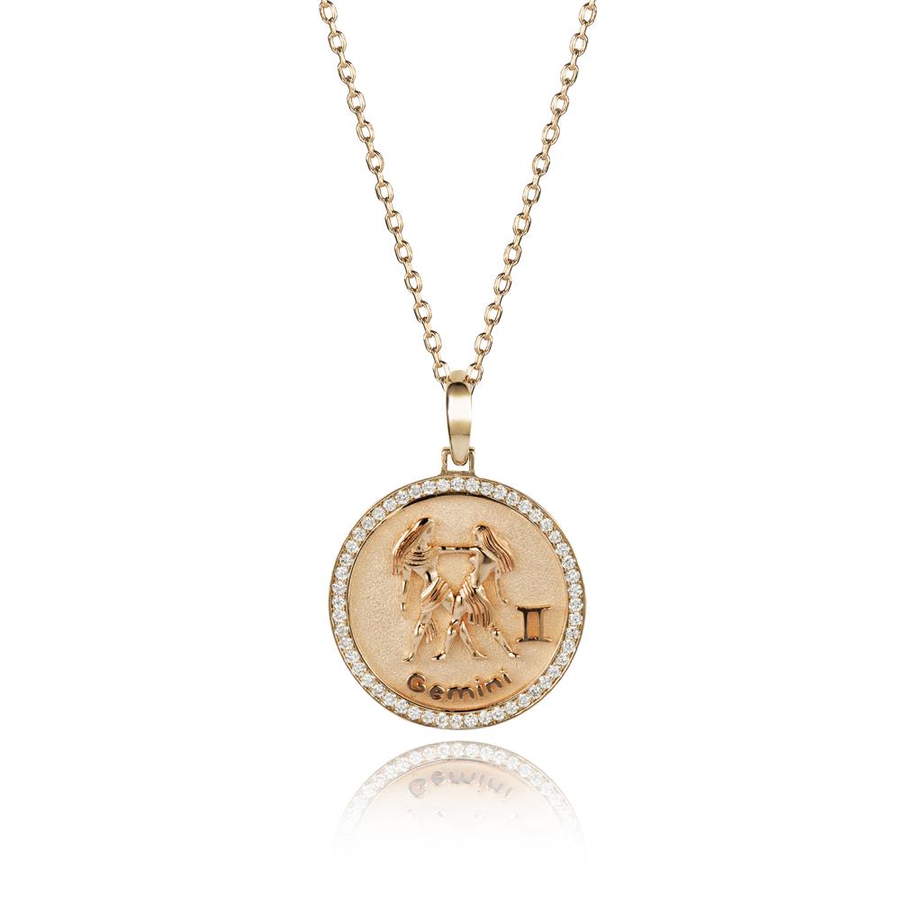 Gemini zodiac sign gold and diamond medal necklace - RF JEWELS