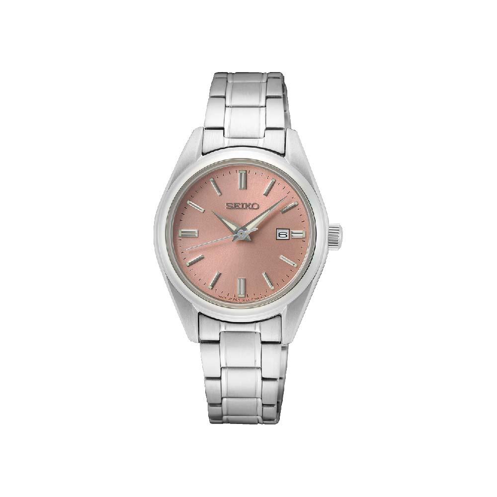 Orologio da donna con quadrante rosa. Marca Seiko, con cassa e bracciale acciaio.