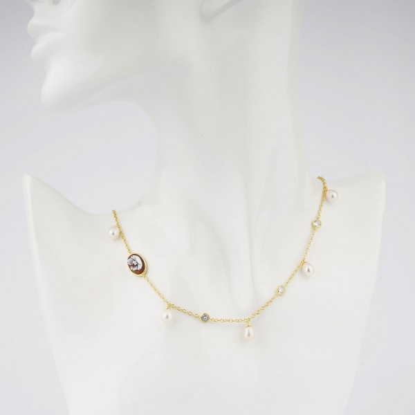 Gold plated silver necklace with pendant pearls and flower cameo - CAMEO ITALIANO