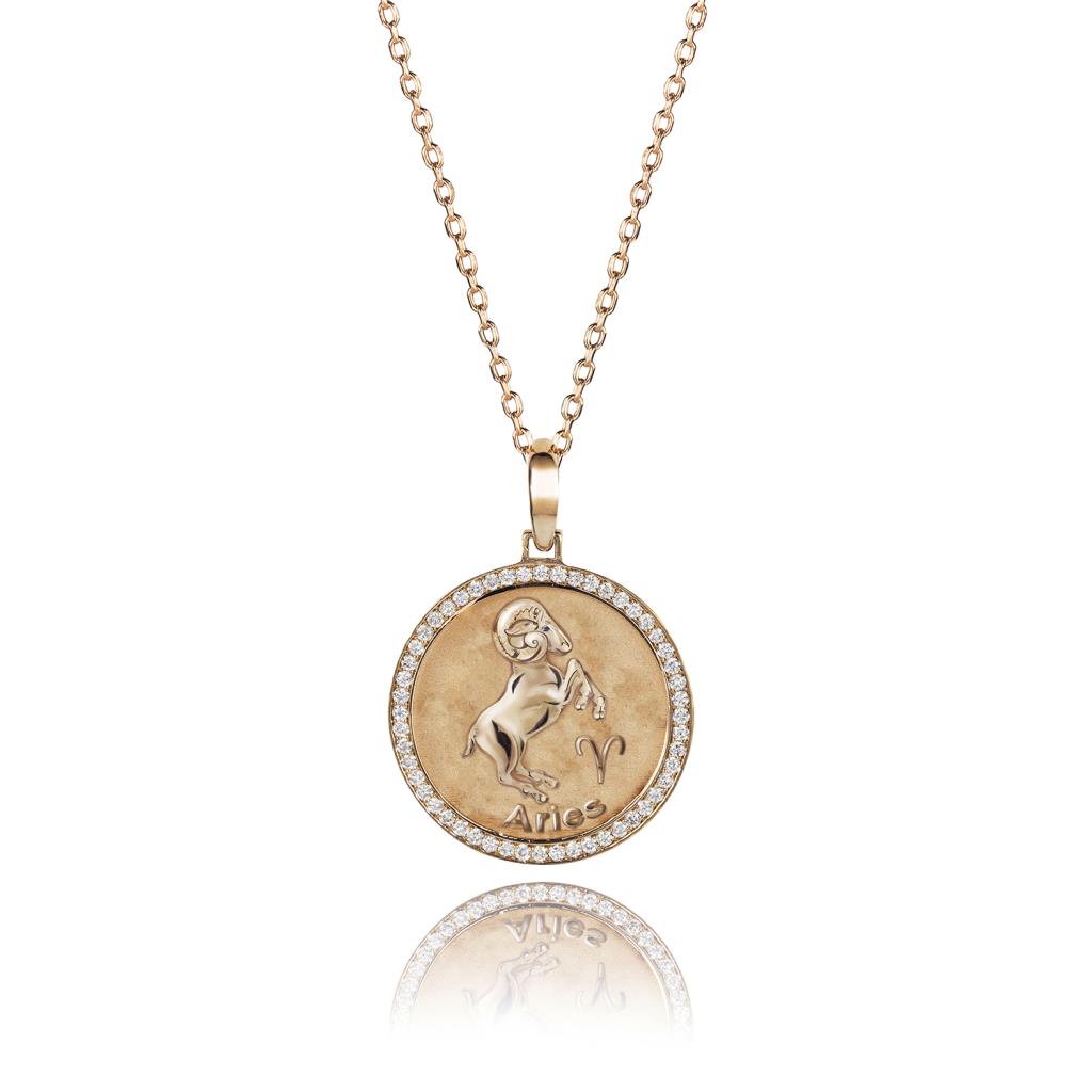 Aries zodiac sign gold and diamond medal necklace - RF JEWELS