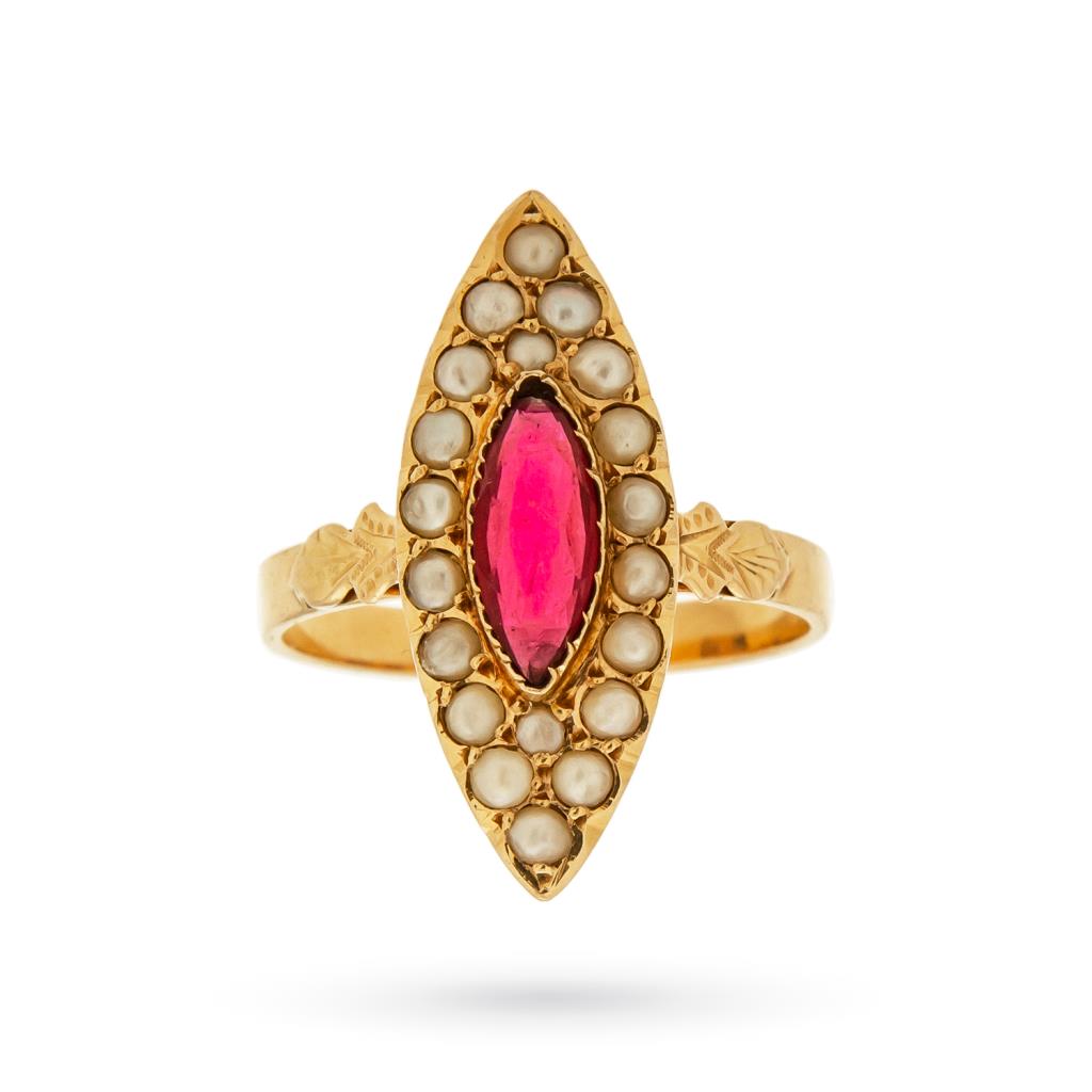Vintage yellow gold ring with red gem and pearls - 
