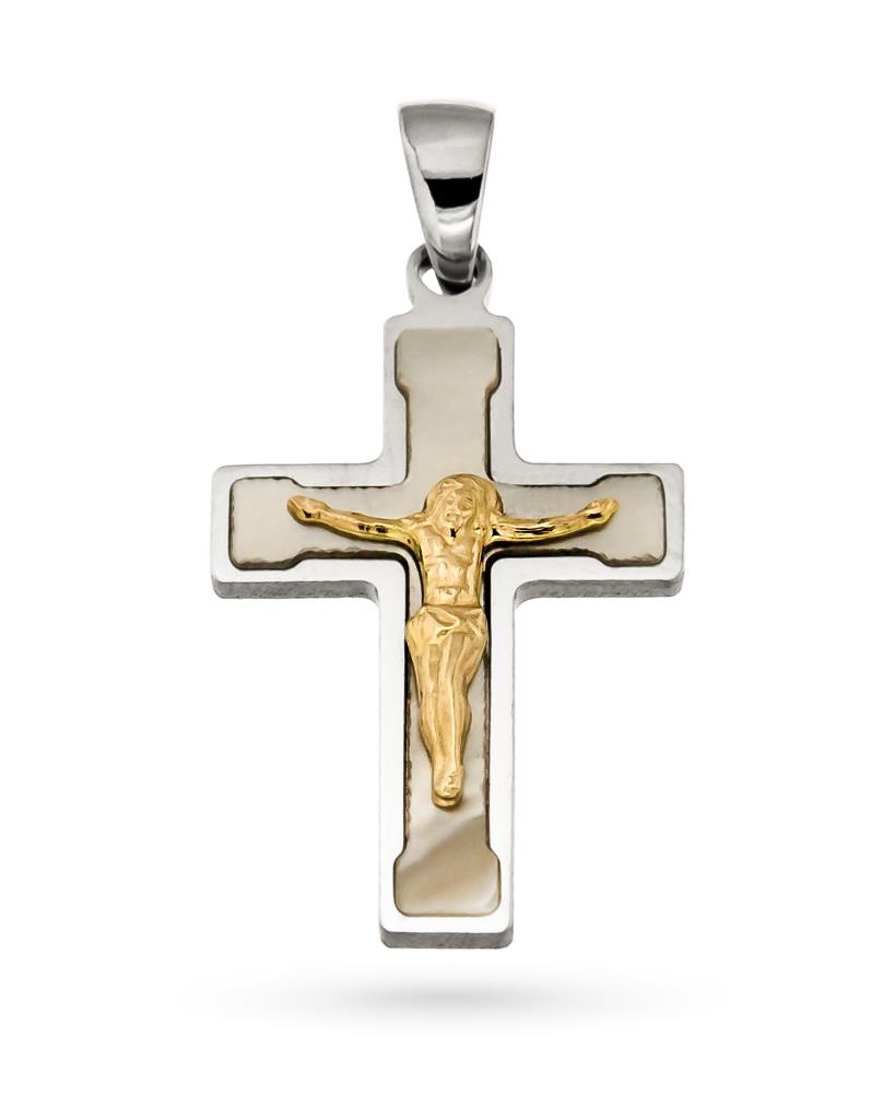 Croce con Cristo crocifisso in oro giallo e bianco 18kt - LUSSO ITALIANO