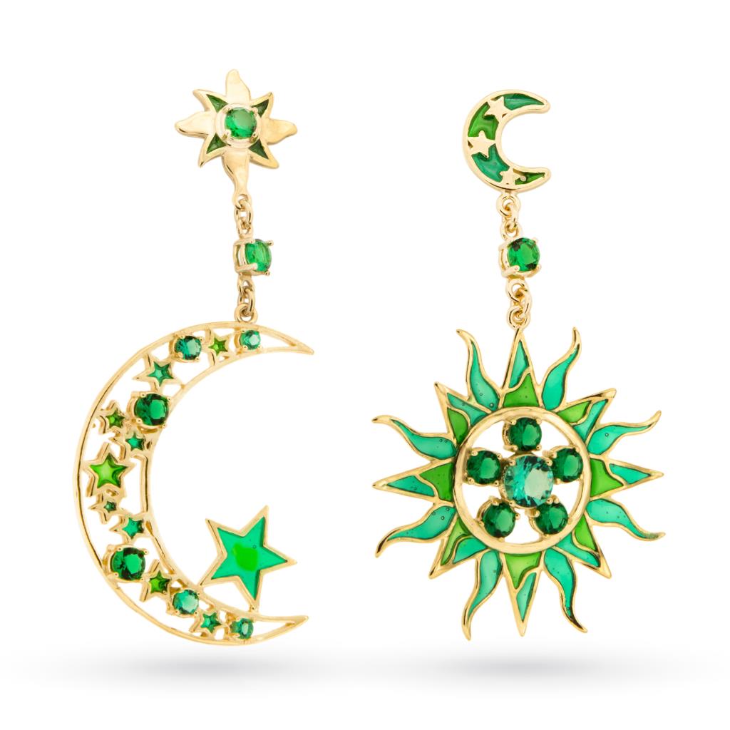 Orecchini sole luna in argento dorato con smalti e gemme - GOLDEN CORALS