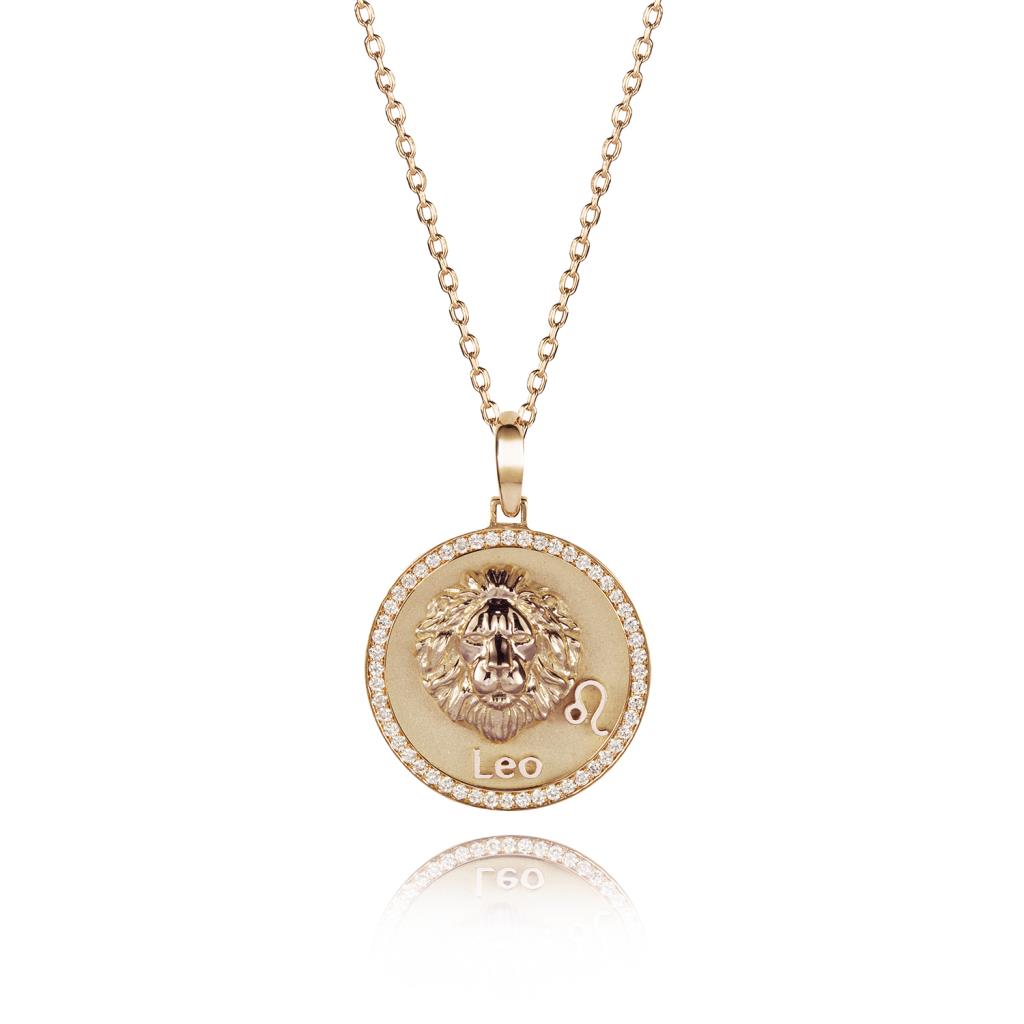Leo zodiac sign gold and diamond medal necklace - RF JEWELS