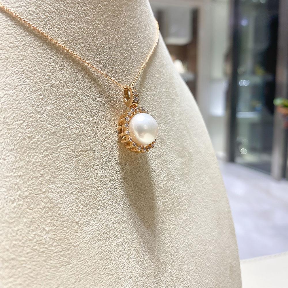  Rose gold necklace with pearl Ø11mm and white sapphires - LUSSO ITALIANO