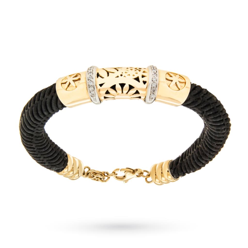 Bracelet in black woven fabric and gold fretwork flowers 0.26ct diamonds - LA NOUVELLE BAGUE