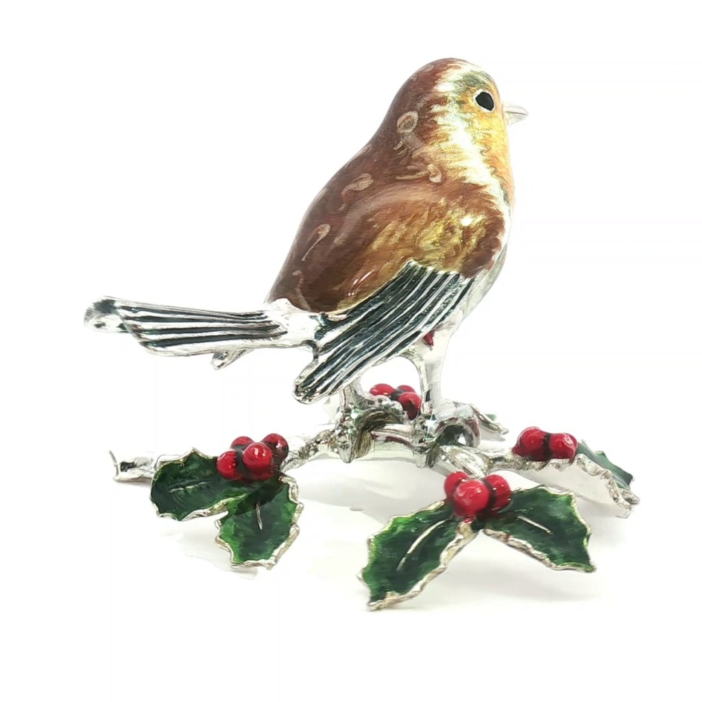  Pettirosso su agrifoglio soprammobile argento 925 smalto - SATURNO