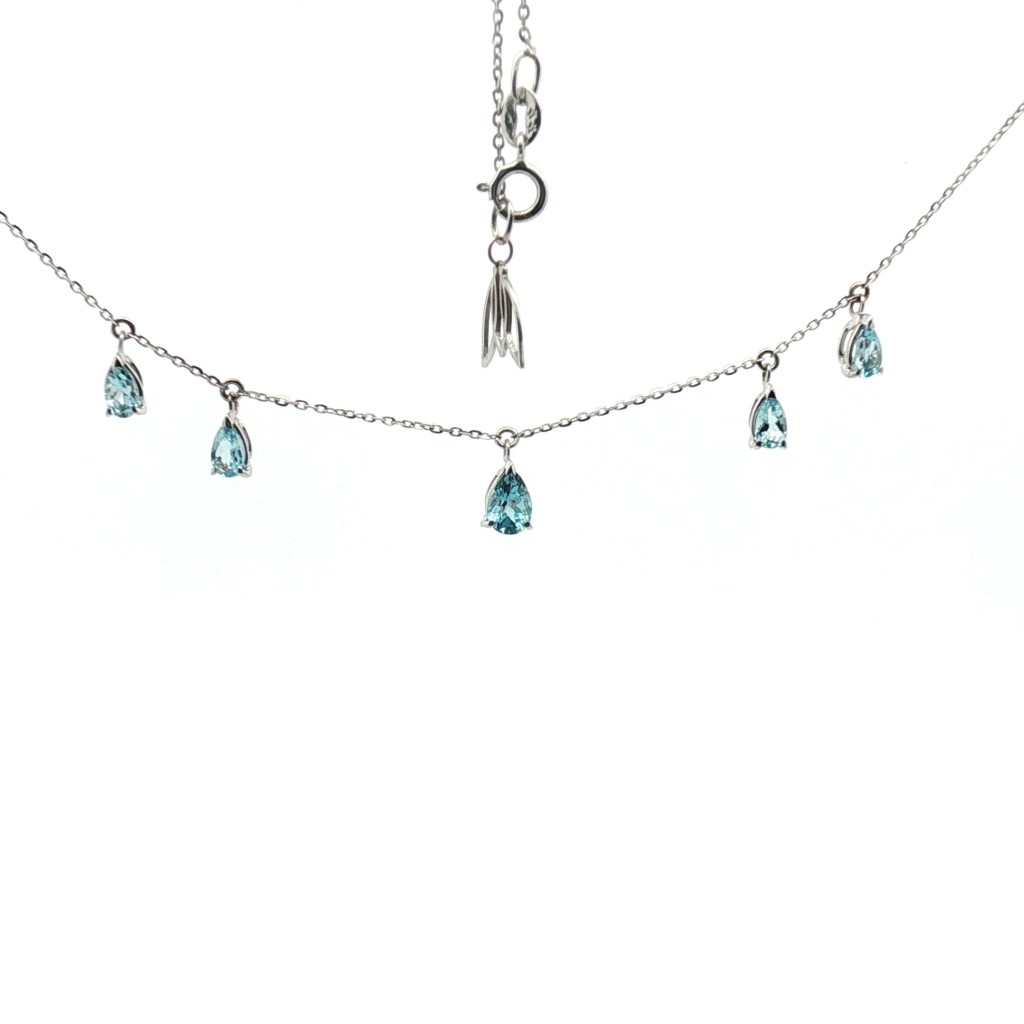 Collana in Oro Bianco con 5 Acquamarine a Goccia (0.98 ct) - Lunghezza 45 cm - CICALA