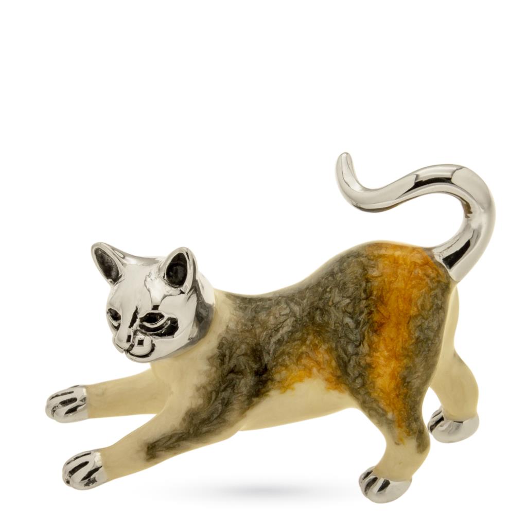 White and gray cat ornament in hand-enamelled silver - SATURNO