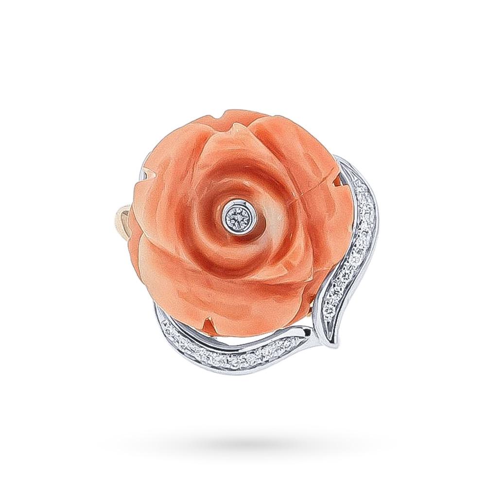  Gold ring with coral rose diamond leaves 0.10 ct - CICALA