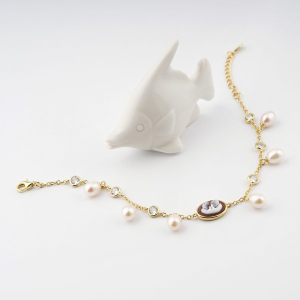  Gold plated silver bracelet with pearls and flower cameo - CAMEO ITALIANO